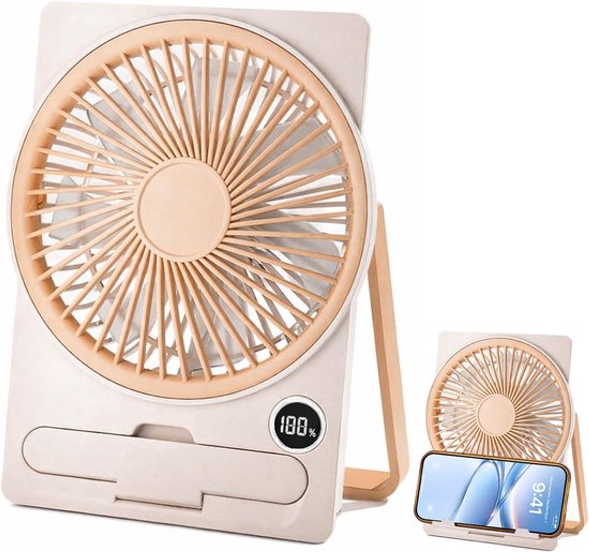 Ultradunne kaartventilator - Oplaadbare USB-bureauventilator, draagbare mini-ventilator op batterijen, stil ontwerp, 5 instelbare windsnelheden, geschikt voor op reis, binnen- en buitengebruik - Crèmegeel