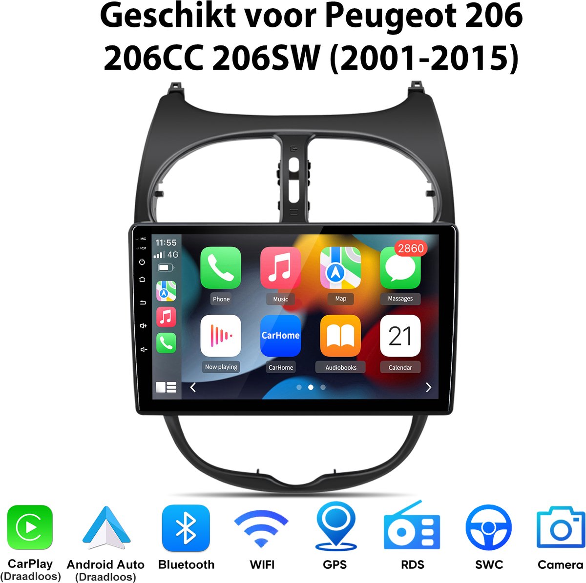 Junsun Andriod 15 Autoradio Geschikt voor Peugeot 206 206CC 206SW (2001-2015) - Draadloze CarPlay & Andriod Auto - GPS-navigatiesysteem - Bluetooth - WiFi - Stuurwielbediening - 9 inch Touchscreen - RDS- USB