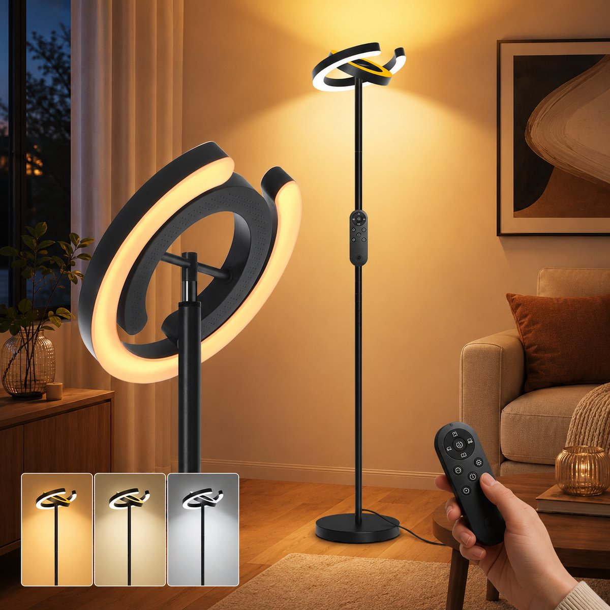Lapamax Moderne LED Vloerlamp 190 cm-Luxe Staande Lamp met 2 C-vormige Lichtbogen en Magnetische Afstandsbediening-1900K-6500K Dimbaar Licht- Sfeerverlichting en Leeshoek voor Woonkamer, Slaapkamer en Kantoor