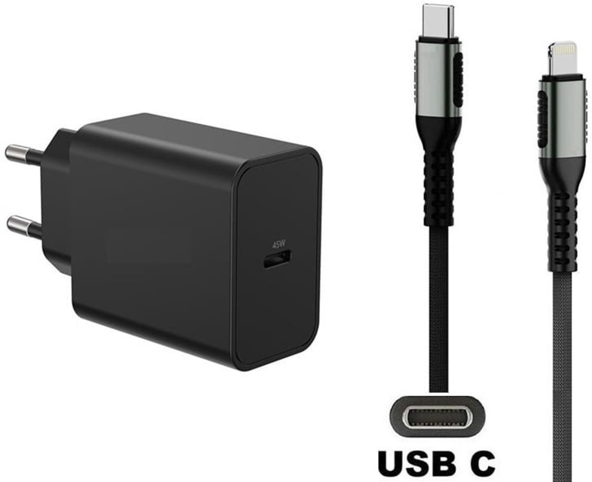 OneOne 45W super snellader en screenprotector van glas voor iPhone 12 + 3,0m USB C naar Lightning kabel. PD lader. Universele oplader adapter. Glazen screenprotector past op Apple iPhone 12