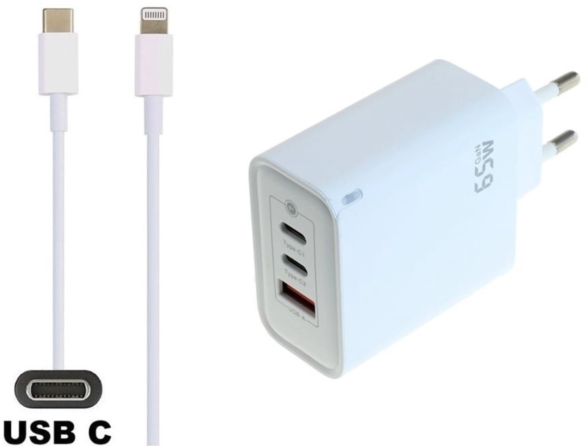 OneOne 65W super snellader met 3 poorten en screenprotector van glas voor iPhone 12. Oplader met sterke 2,0m USB C naar Lightning kabel. PPS GaN PD lader adapter. Glazen screenprotector past op Apple iPhone 12