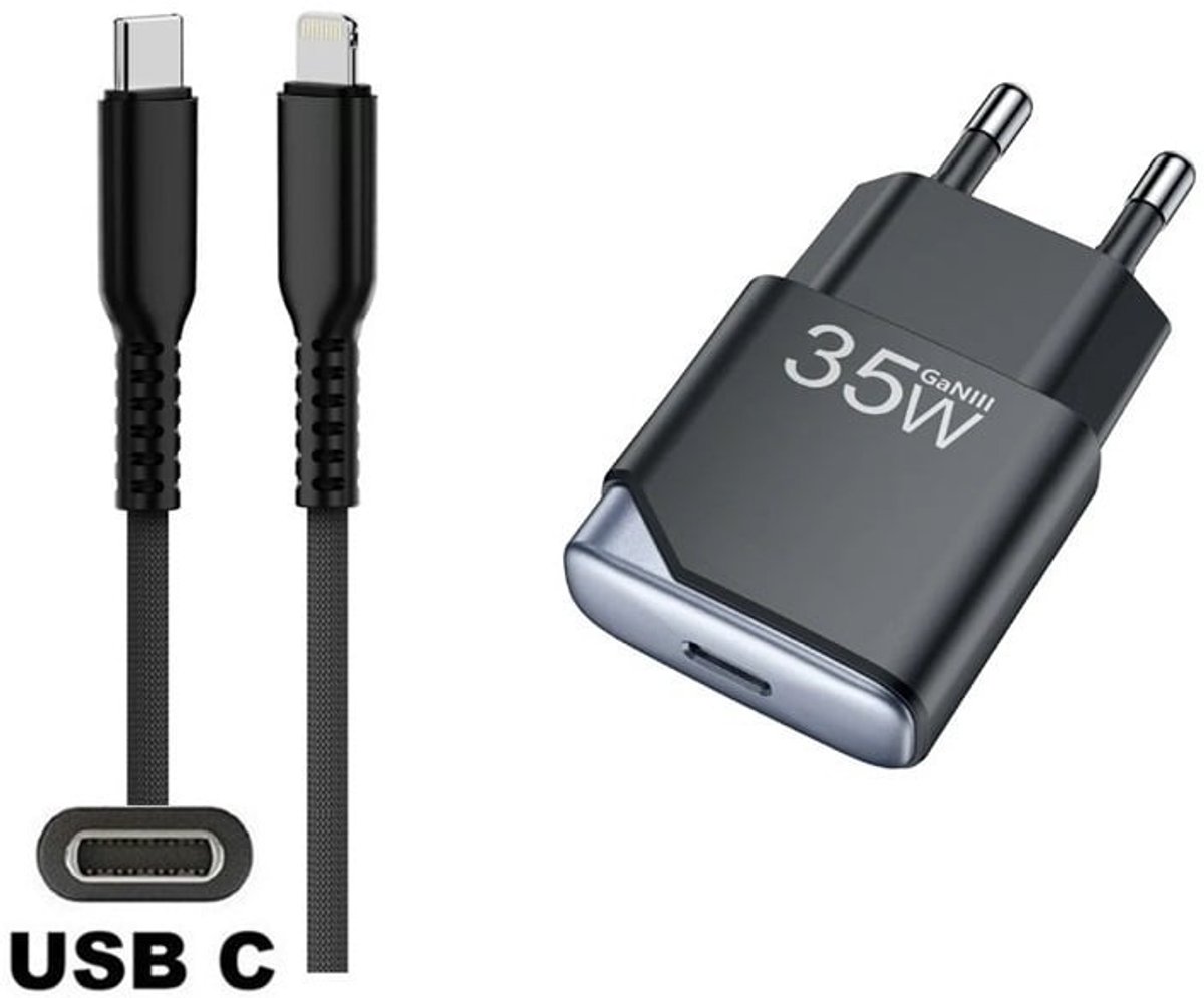 OneOne 35W super snellader en screenprotector van glas voor iPhone 12 + 1,5m sterke USB C naar Lightning kabel. GaN lader. PD PPS oplader adapter. Glazen screenprotector past op Apple iPhone 12