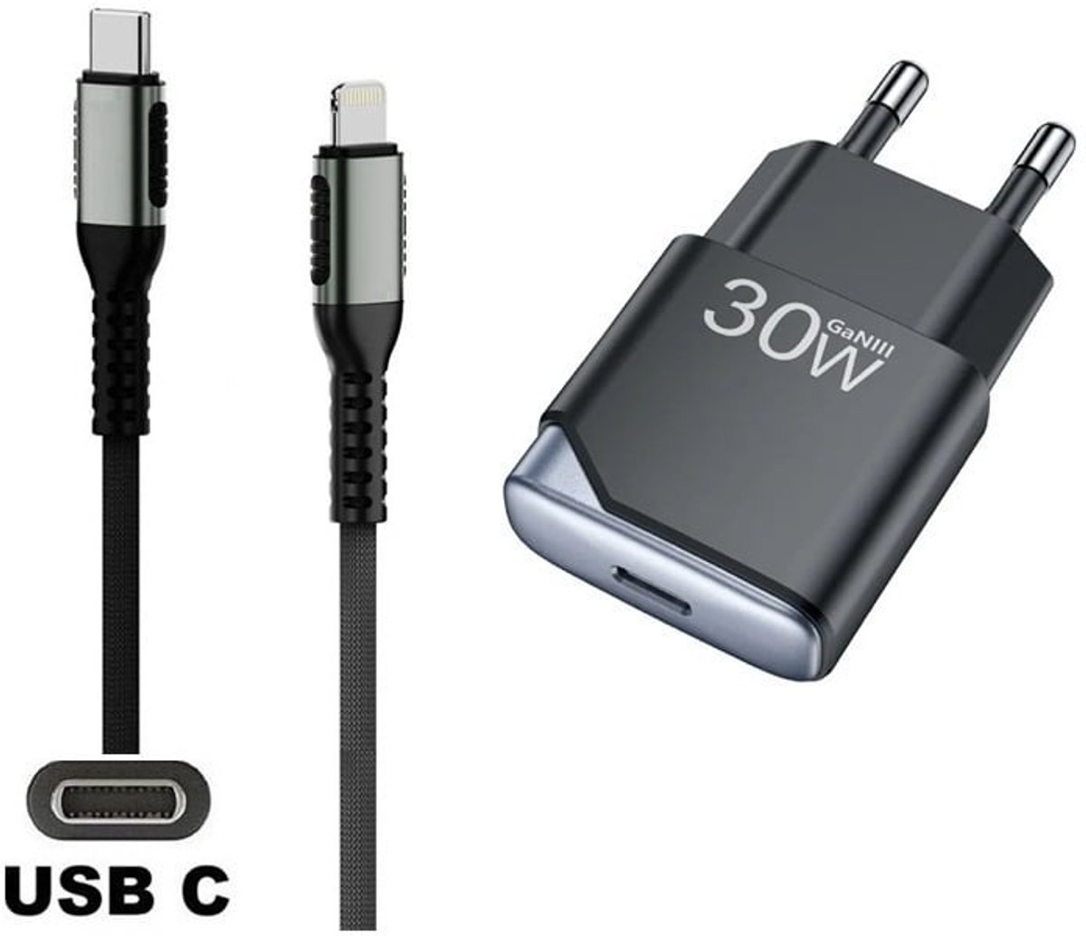 OneOne 30W super snellader en screenprotector van glas voor iPhone 13 Pro Max en iPhone 14 Plus + 3,0m sterke USB C naar Lightning kabel. GaN lader. PD PPS oplader adapter. Glazen screenprotector past op Apple iPhone 13 Pro Max & iPhone 14 Plus