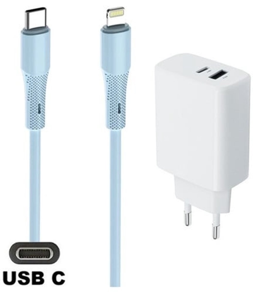 25W super snellader met 2 poorten en screenprotector + 1,0m USB C naar Lightning kabel. PD lader. Universele oplader adapter. Glazen screenprotector past op Apple iPhone 13 Pro Max & iPhone 14 Plus