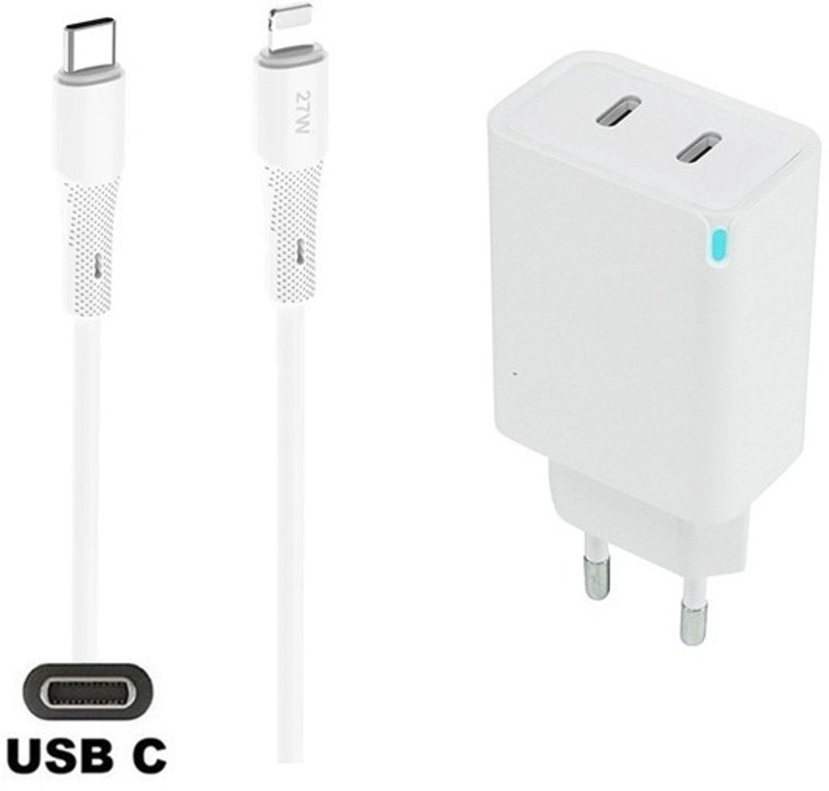 45W super snellader met 2 poorten en screenprotector USB C - USB C + 1,0m USB C naar Lightning kabel. Witte PD PPS lader. Universele oplader adapter. Glazen screenprotector past op Apple iPhone 13 Pro Max & iPhone 14 Plus