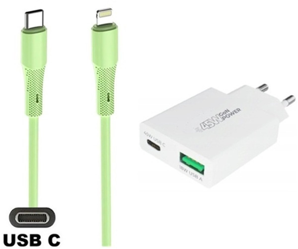 45W super snellader met 2 poorten en screenprotector + 1,0m USB C naar Lightning kabel. Universele PD PPS lader. Compacte GaN oplader adapter. Glazen screenprotector past op Apple iPhone 13 Pro Max & iPhone 14 Plus