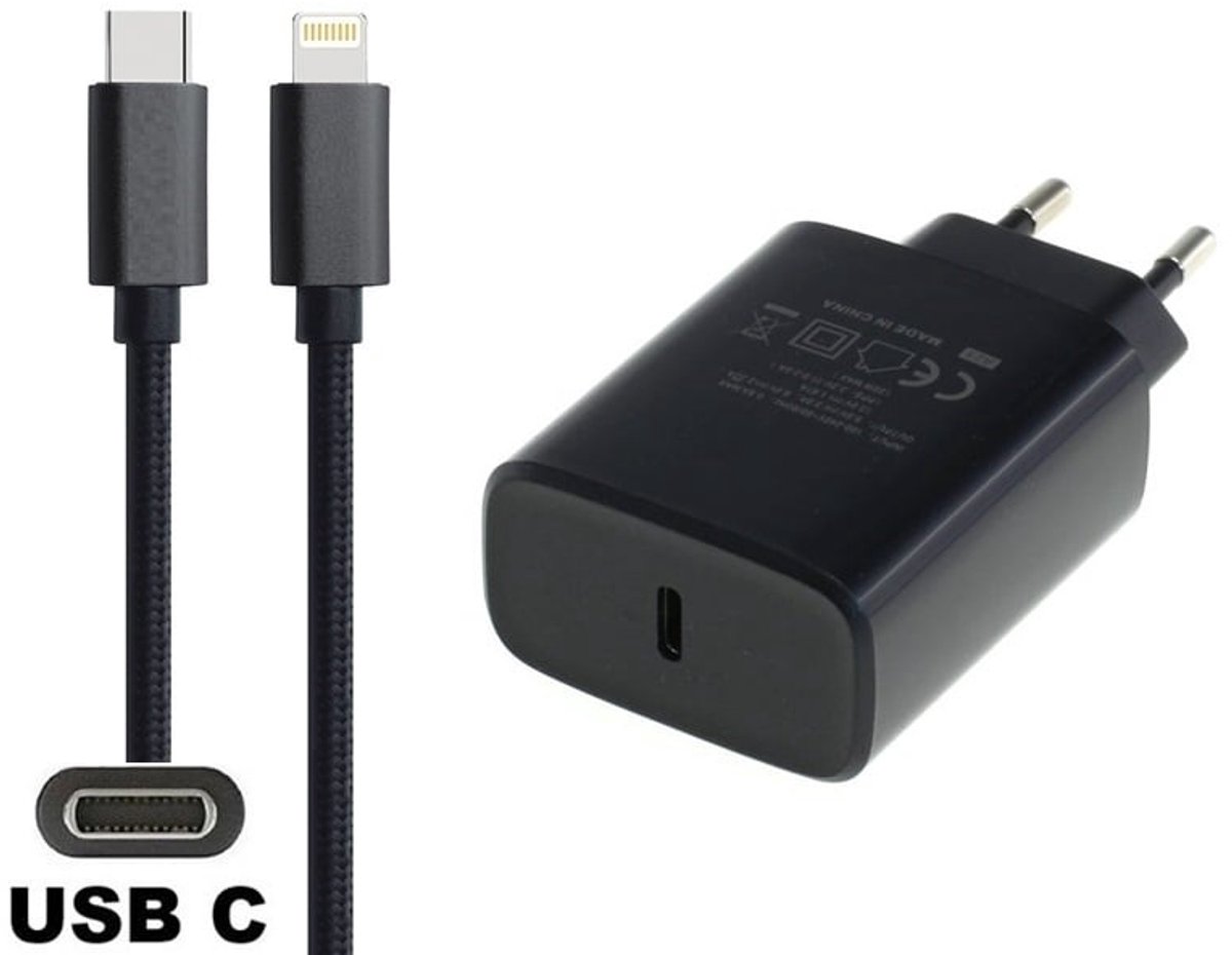 OneOne 20W snellader en screenprotector van glas voor iPhone 12 + 2,0m USB C naar Lightning kabel. PD lader. Universele oplader adapter. Glazen screenprotector past op Apple iPhone 12