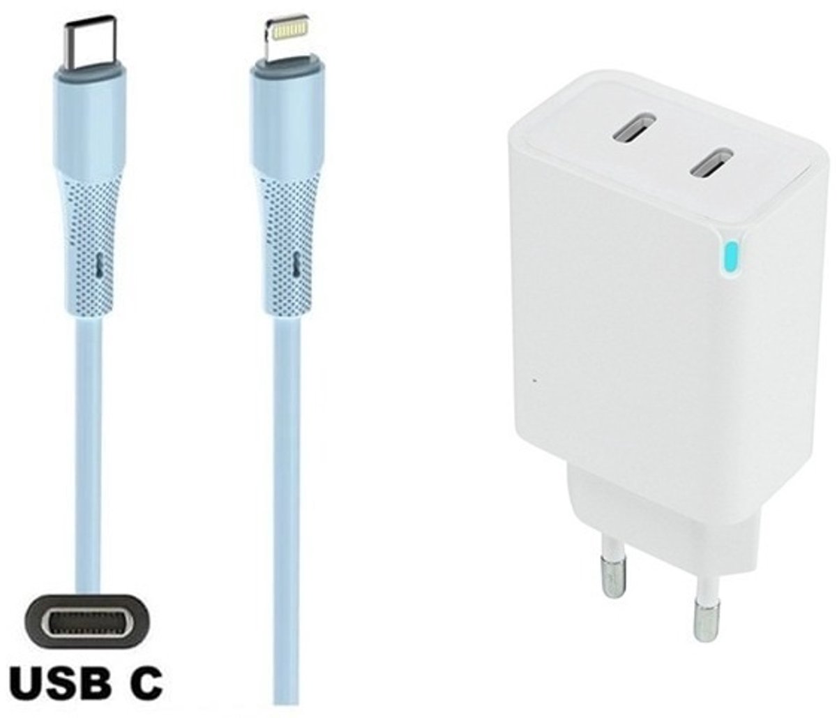 45W super snellader met 2 poorten en screenprotector USB C - USB C + 1,0m USB C naar Lightning kabel. PD PPS lader. Universele oplader adapter. Glazen screenprotector past op Apple iPhone 13 Pro Max & iPhone 14 Plus
