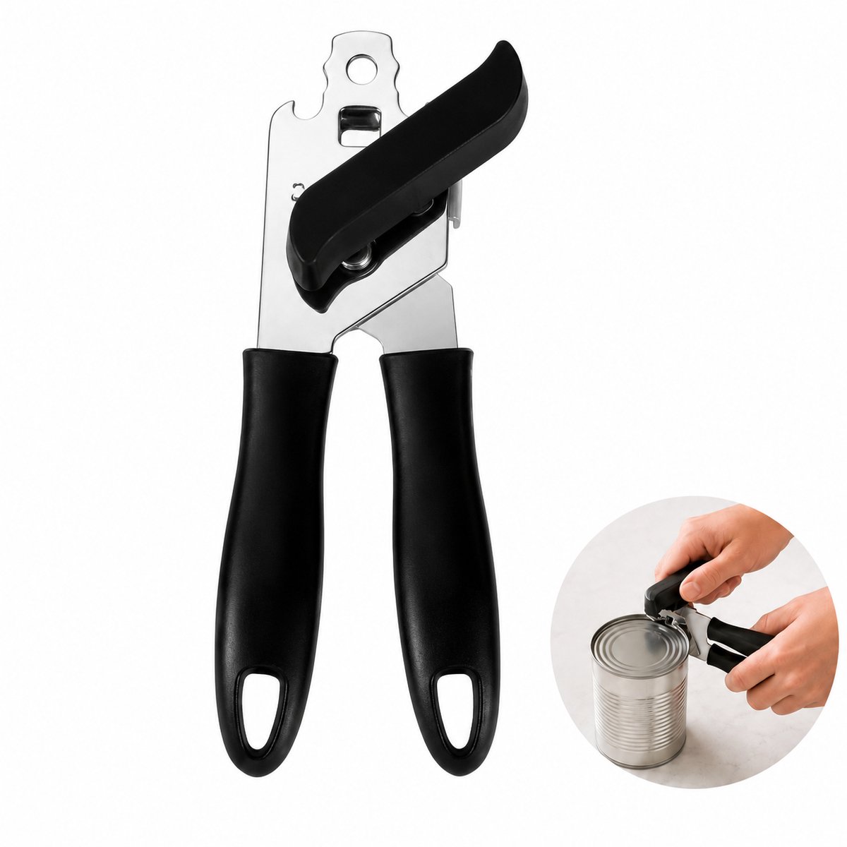 Blikopener 3-in-1 - Handmatige Opener met Flesopener - Ergonomische Grip - Zwart