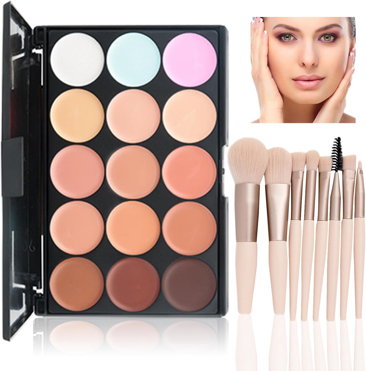 SnelShoppen - Color Corrector Make-up Palette 15 Crème Tinten met 8 Stuks Make-up Kwasten - Perfecte Huidcorrectie voor Oneffenheden en Vlekken