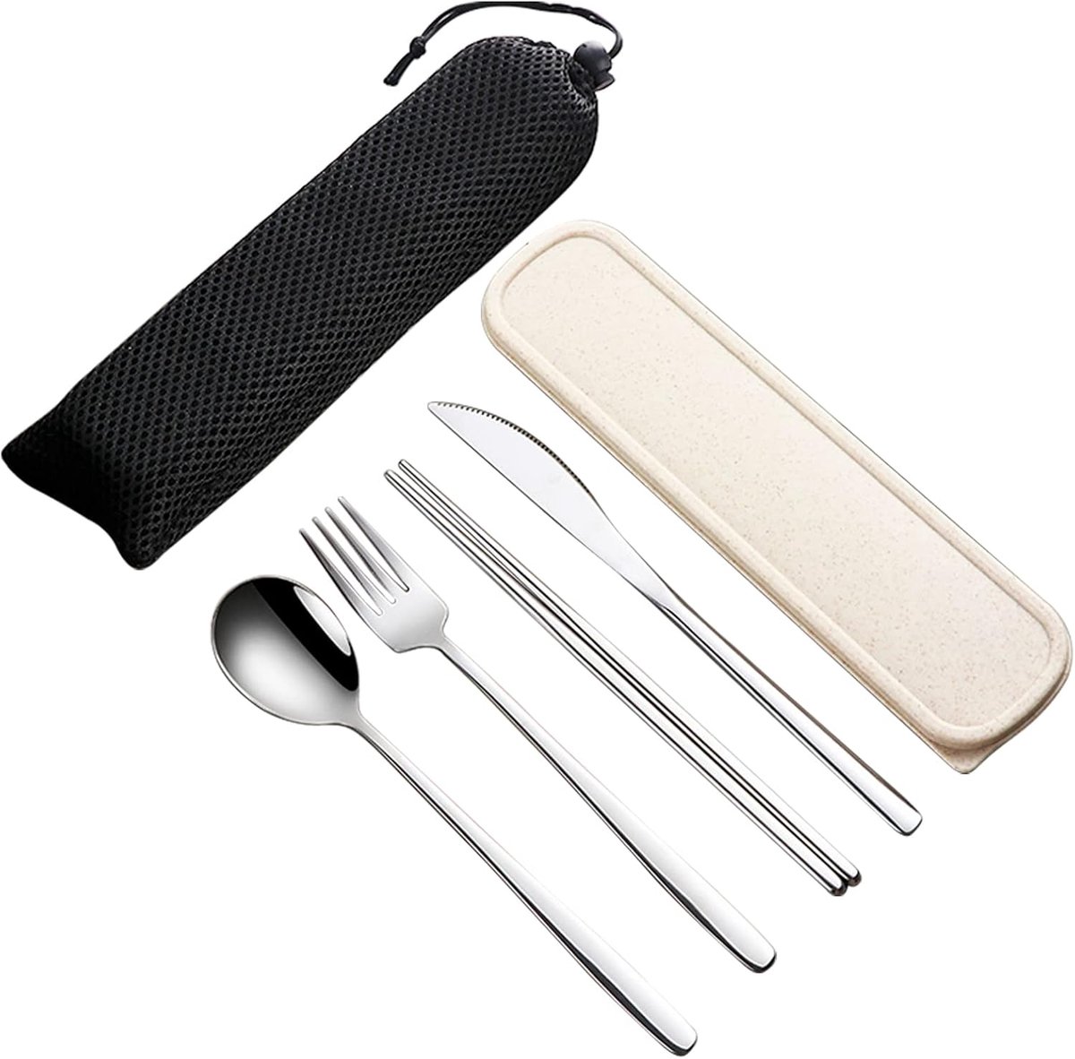 SnelShoppen - 4-delige Reislustige Bestekset met Etui - 18/10 RVS Bestekset - Herbruikbare Eetset met Vork, Lepel, Mes en Eetstokjes voor Lunch, Reize