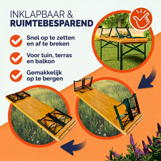 Opvouwbare tafel en banken voor tuin, terras en balkon. Snel op te zetten en ruimtebesparend.