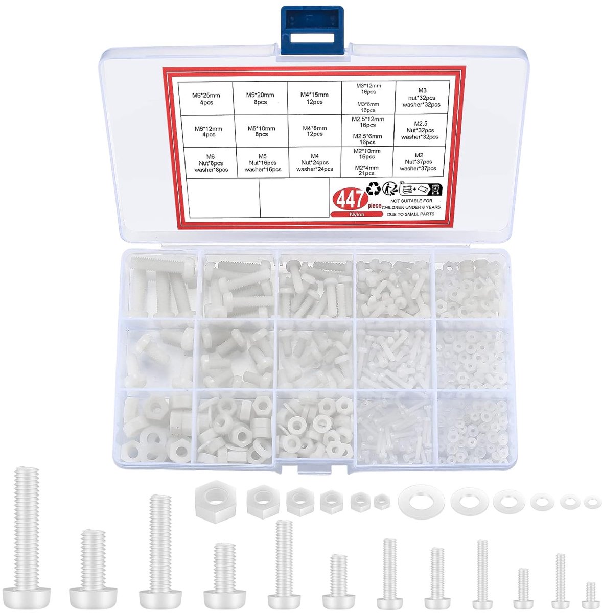 SnelShoppen - 447Pcs Witte Nylon Plastic Platte Kop Schroeven, Moeren, Ringen en Spacer Set - M2/M2.5/M3/M4/M5/M6 Assortiment voor Klussen en DIY