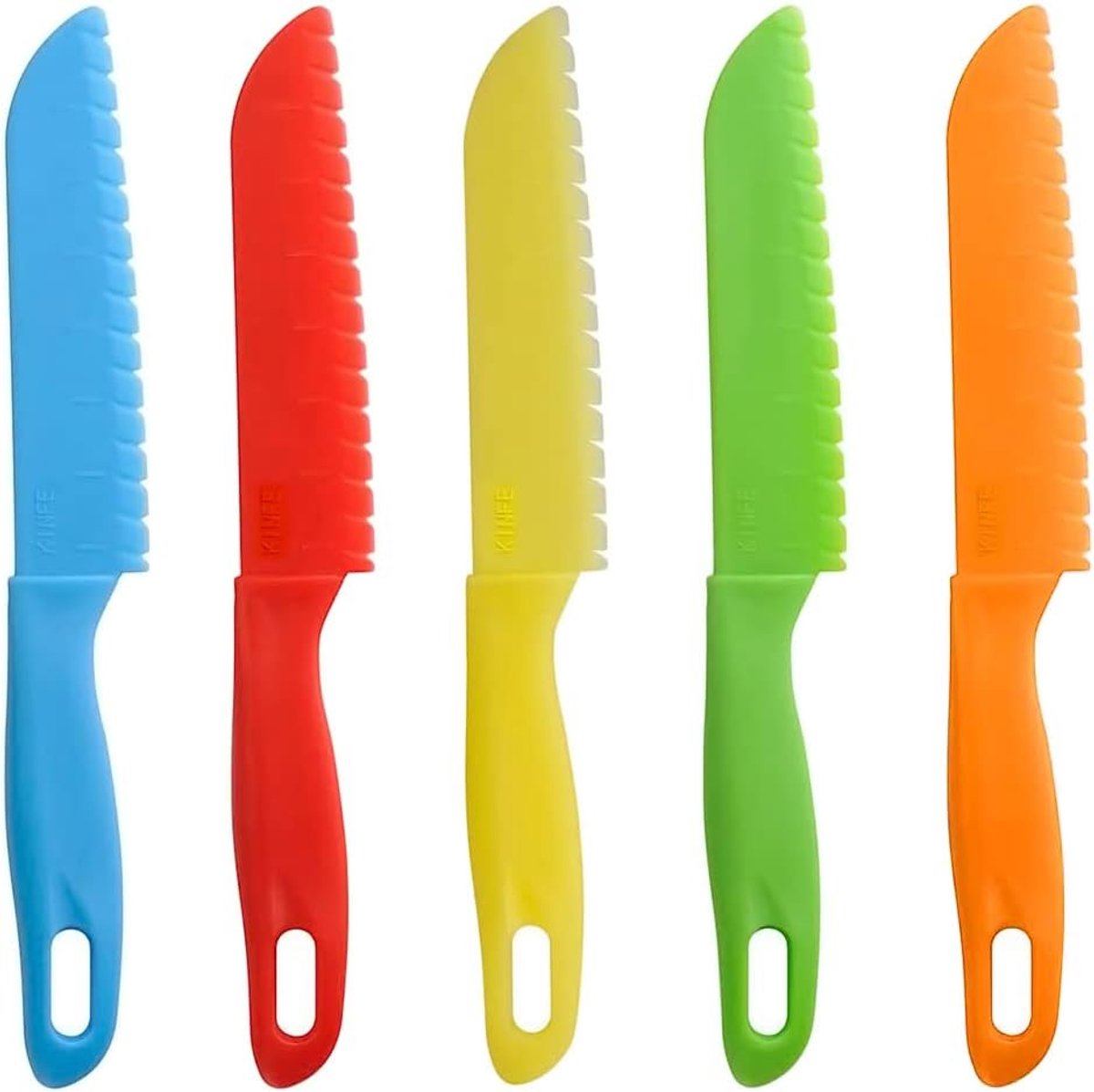 SnelShoppen - Veiligheidsmes, 5-delige Set Plastic Veilige Messen voor Snijden, Kleurrijke Getande Keuken Koksmes, Voor Groente, Fruit, Tomaat en Taar