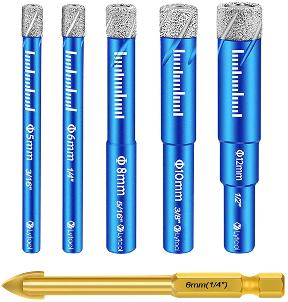SnelShoppen - 5-delige Diamantboor Set voor Tegels, Keramiek, Graniet, Glas, Porselein - 5, 6, 8, 10, 12 mm - Droogboren zonder Water