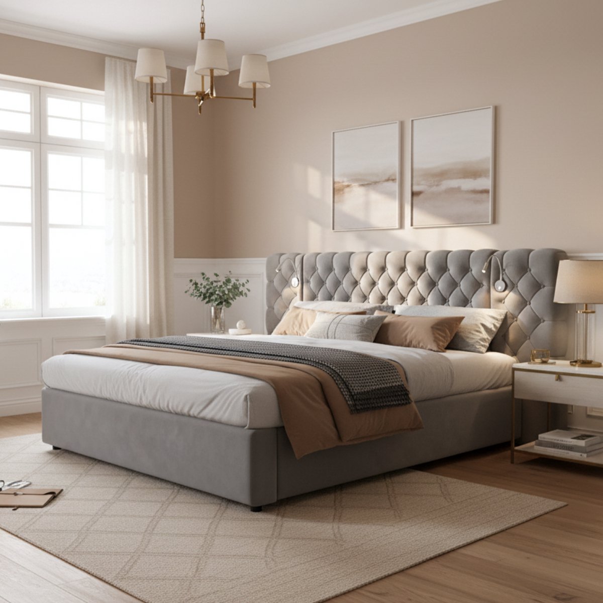 Gestoffeerd Bed 180x200 cm - Velvet Tweepersoonsbed Met Hydraulische Opbergruimte, LED Leeslamp, Zacht Hoofdbord, Lattenbodem, Luxe Opbergbed Voor Slaapkamer, Grijs