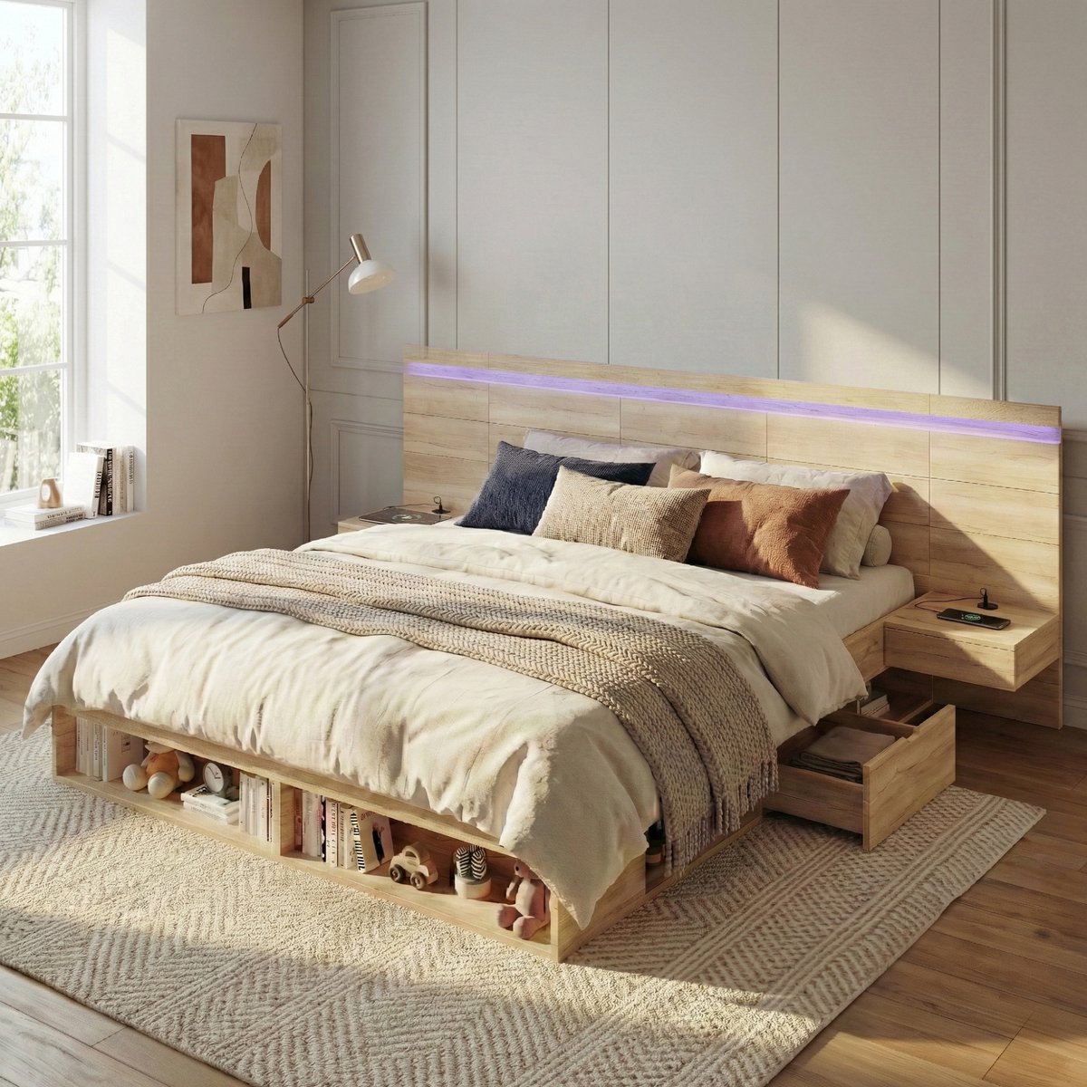 Bed 180x200 Cm - Houten Bed Met 2 Nachtkastjes, LED, USB-C En Opbergruimte Naturel