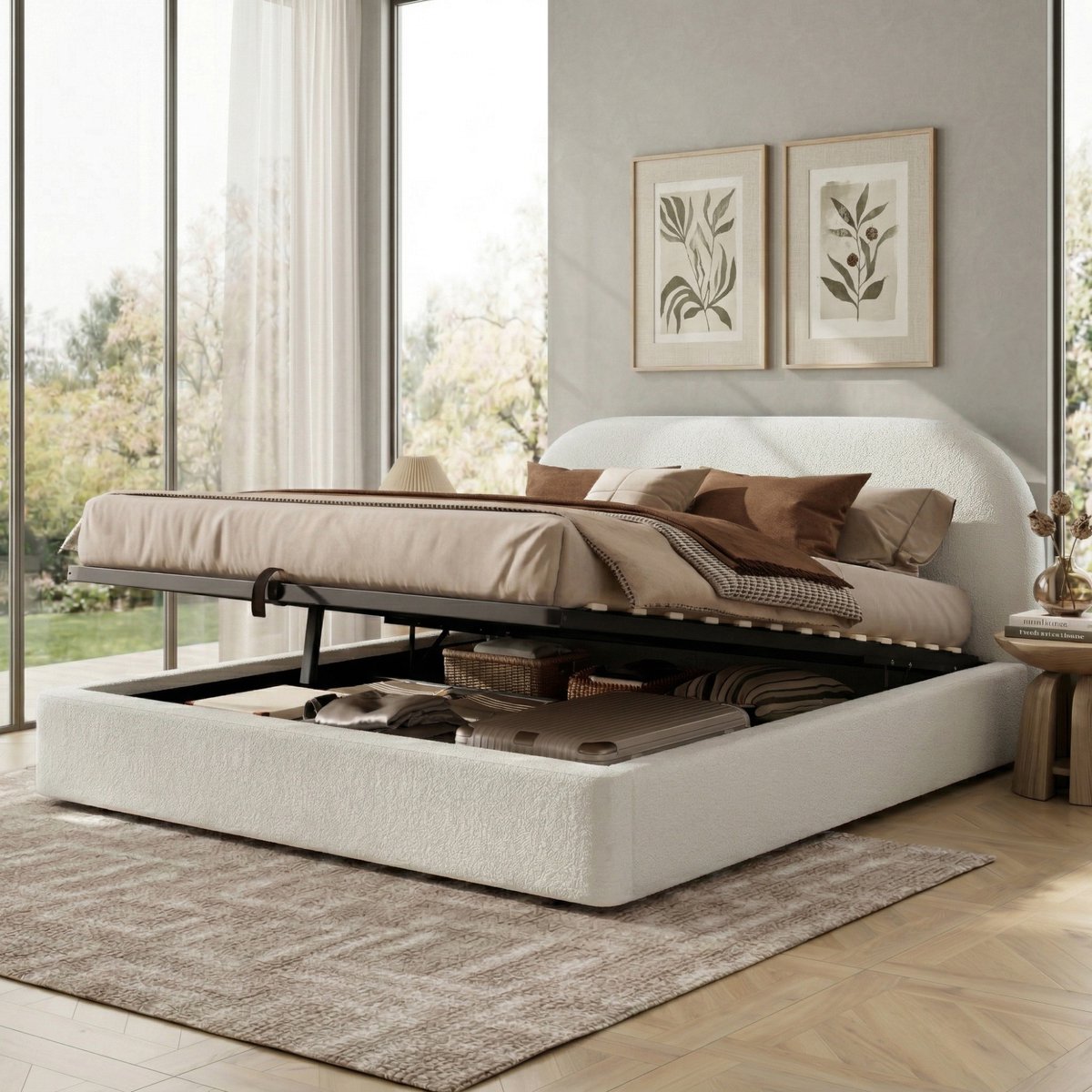 Polsterbed 160 x 200 cm - Functioneel Hydraulisch Lager - Beige Bouclé Stoffering