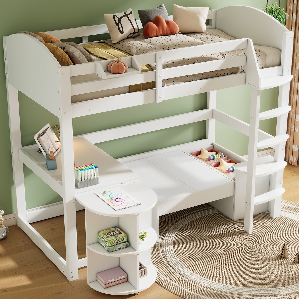 Hoogslaper 90x200 cm - Multifunctioneel Kinderbed Met Bureau, Opbergbank, Trap En Kast Wit