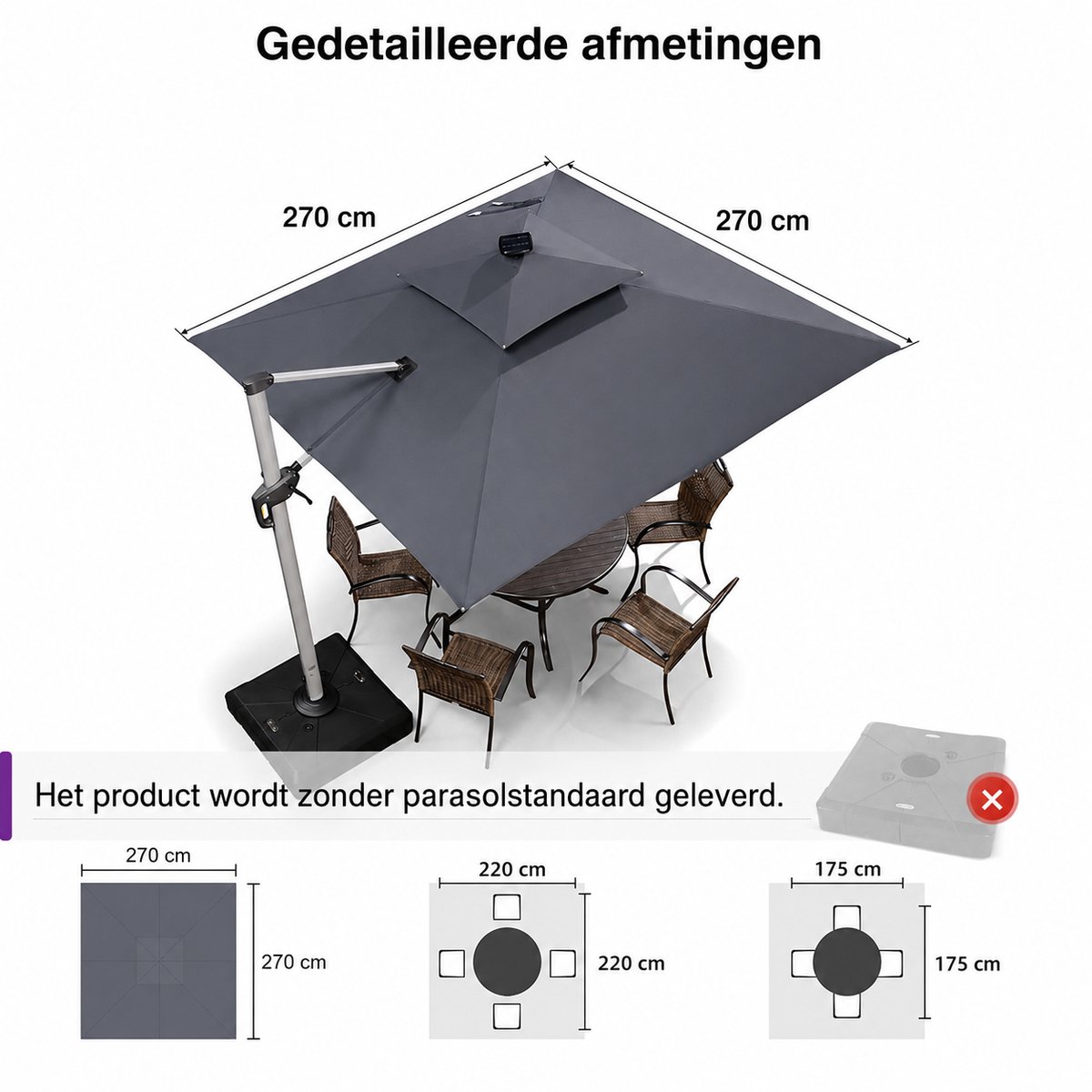 Purple Leaf Parasol déporté avec éclairage LED 270x270 cm - gris