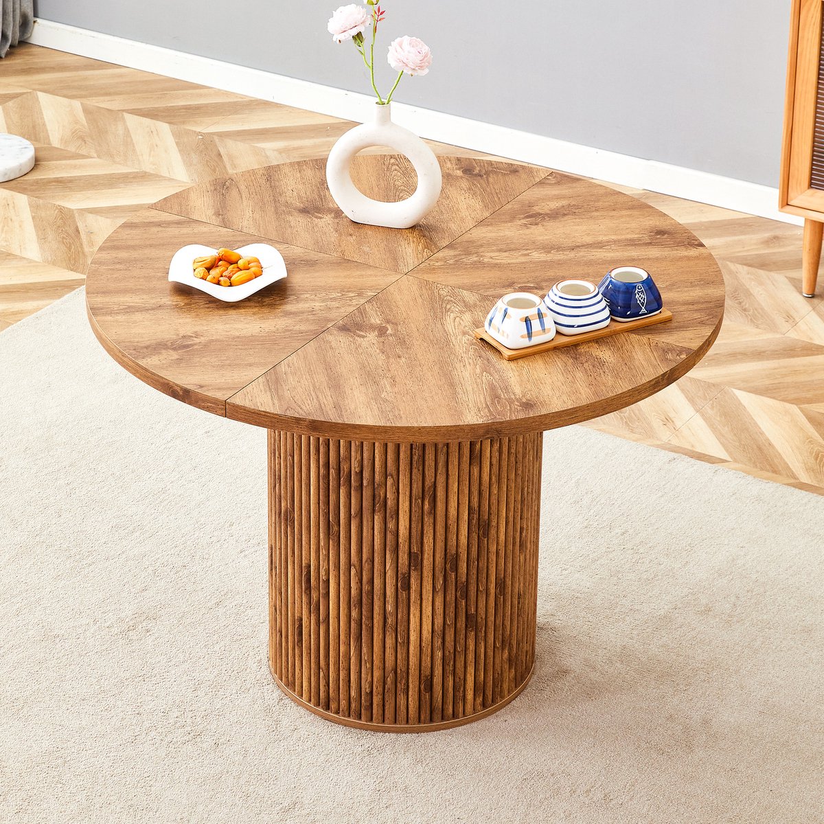 KOMHTOM - Ronde Eettafel - MDF 100 cm - Tafelblad uit 4 Segmenten met Houtnerf - Cilindrische Kolompoten met Metalen Stang en Klittenbandsluiting - Ideaal voor 4-6 Personen en Europese Woonruimtes