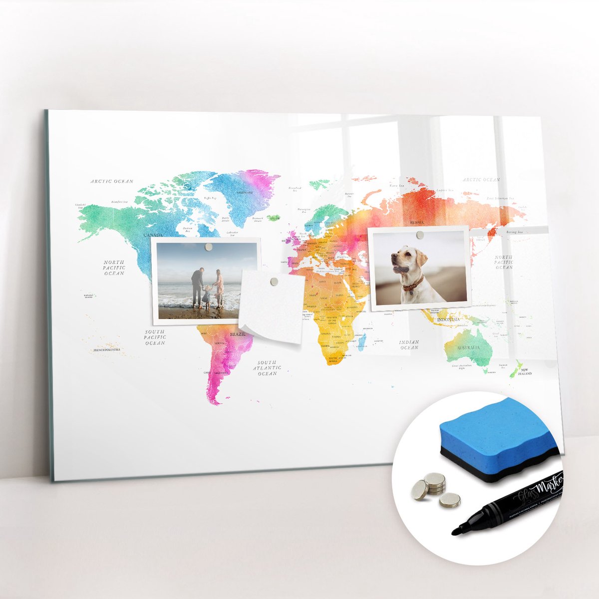 Tulup Whitebord - Aquarel wereldkaart - 60 x 40 cm - Veelkleurig Magnetisch Wandbord - Gratis 5 Sterke Magneten + Whiteboard Marker & Wisser - Minimalistisch Prikbord - Magnetic Board - Notitiebord Werkplek