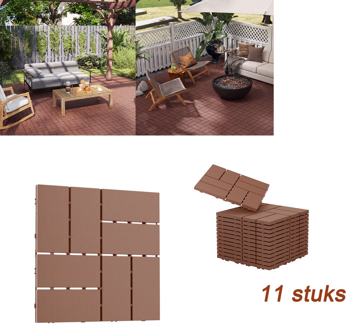 11x WPC Kliktegels 30x30 cm - Terrastegels voor Balkon, Tuin & Terras - Houtlook - Antislip - Weerbestendig - Blokpatroon - Bruin