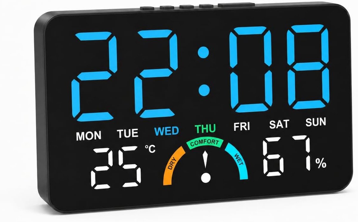 Digitale LED-wekker – digitale klok met temperatuur- en vochtigheidsweergave – groot instelbaar helder scherm – ochtendwekker – muur- of bureauklok – voor slaapkamer, kantoor, tieners, reizen.