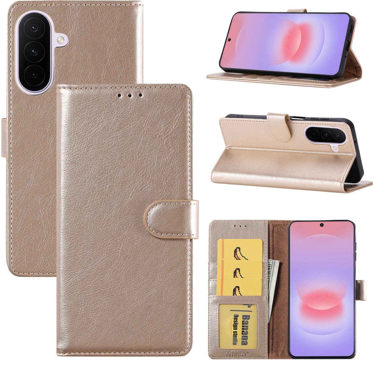Hoesje geschikt voor Samsung Galaxy A27 Hoesje Goud Bookcase – Ntech Wallet Case met Pasjeshouder & Magneetsluiting Beschermhoes – Schokbestermende Flip Cover