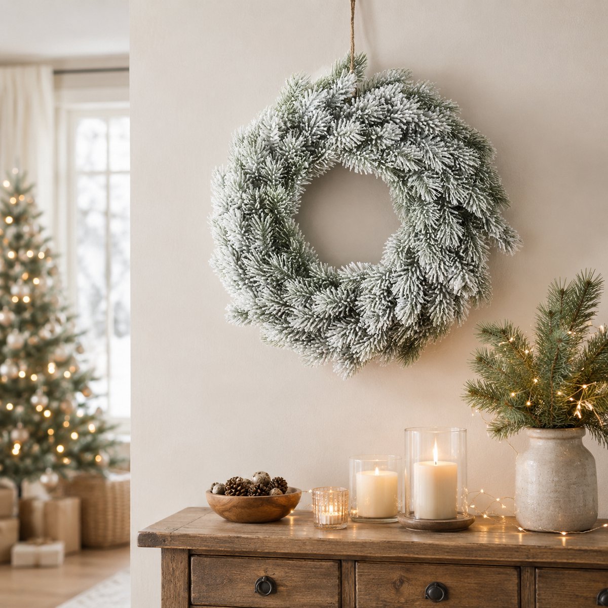 Witte Kerstkrans met Sneeuw Ø 40 cm – Winterse Deurkrans met Dennenappels – Ronde Kerstdecoratie voor Binnen en Buiten – Houten Kerstkrans – Wit – foto 4