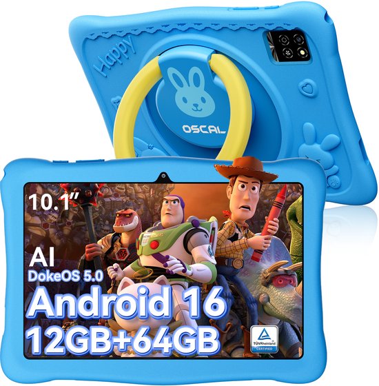 Blauwe OSCAL KIDO 2 tablet met Android 16, 12GB+64GB en personages uit Toy Story op het scherm.