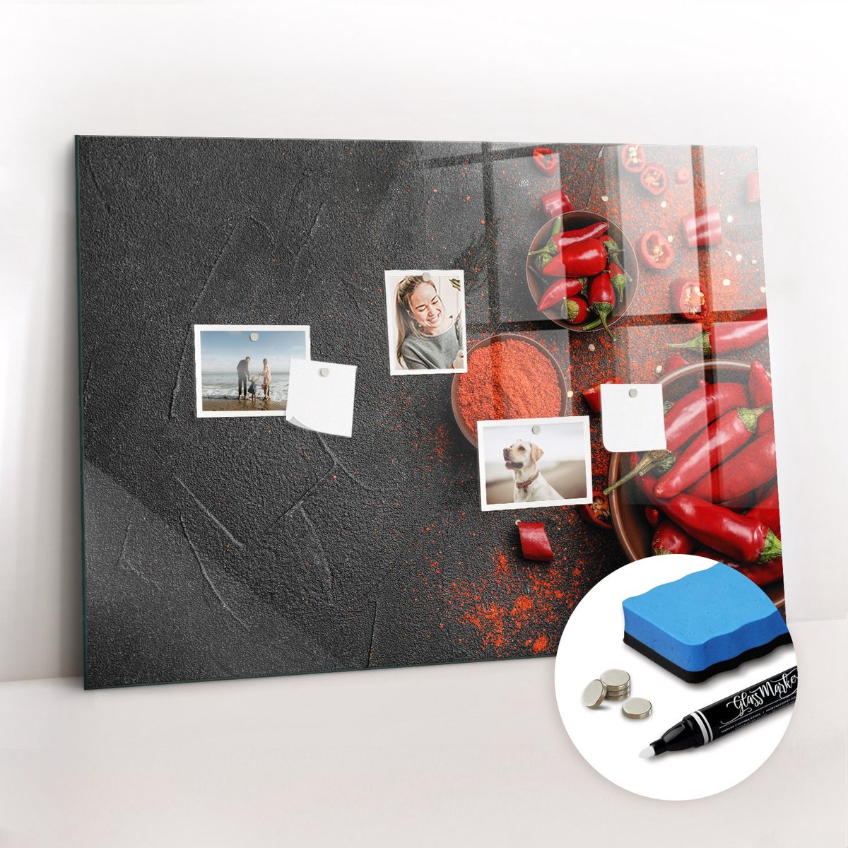 Tulup Whitebord - Rode paprika's - 100 x 70 cm - Veelkleurig Foto Magneetbord - Gratis 5 Sterke Magneten + Whiteboard Marker & Wisser - Design Memobord - Magnet Board - Productiviteit Tools