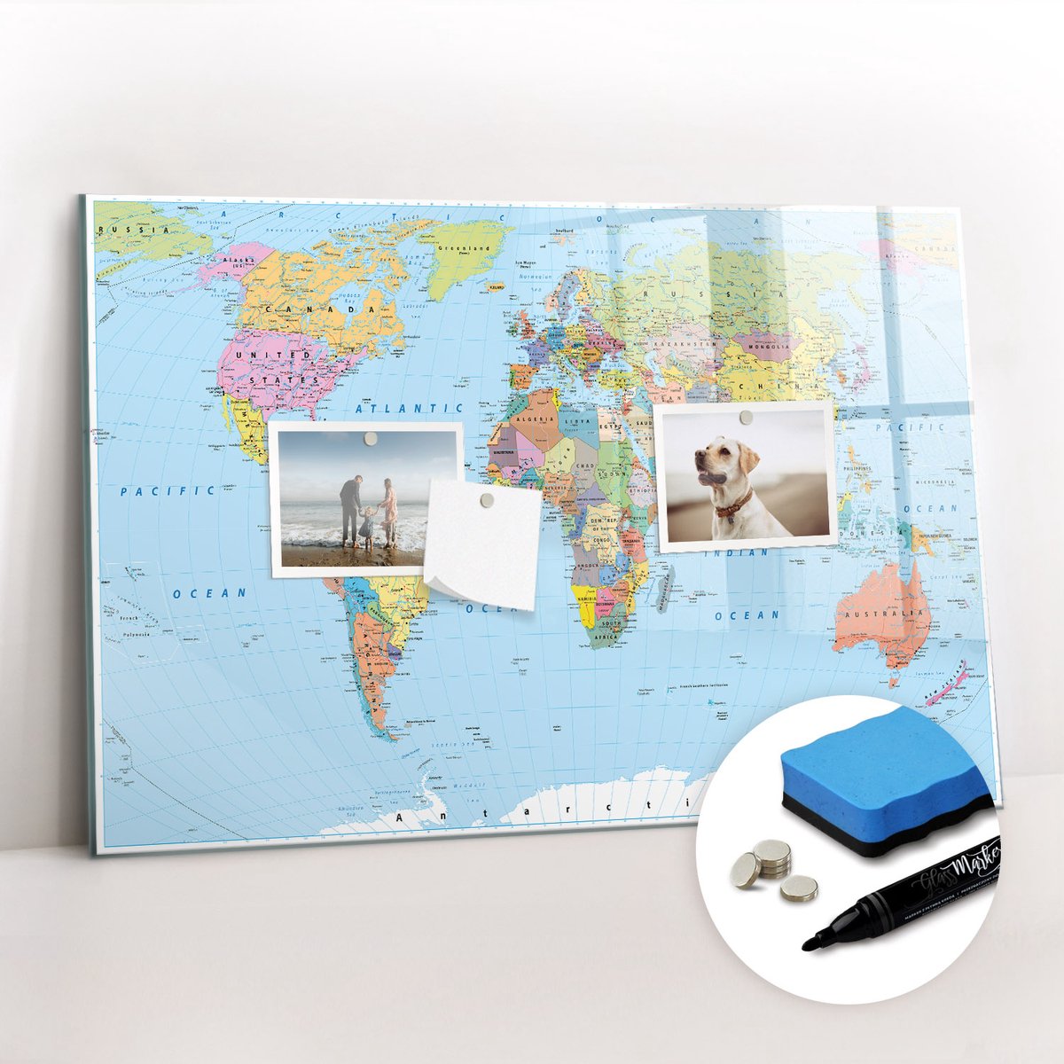 Tulup Whitebord - Overzicht van de politieke wereldkaart - 60 x 40 cm - Veelkleurig Foto Magneetbord - Gratis 5 Sterke Magneten + Whiteboard Marker & Wisser - Design Memobord - Memo Magneetbord - Productiviteit Tools