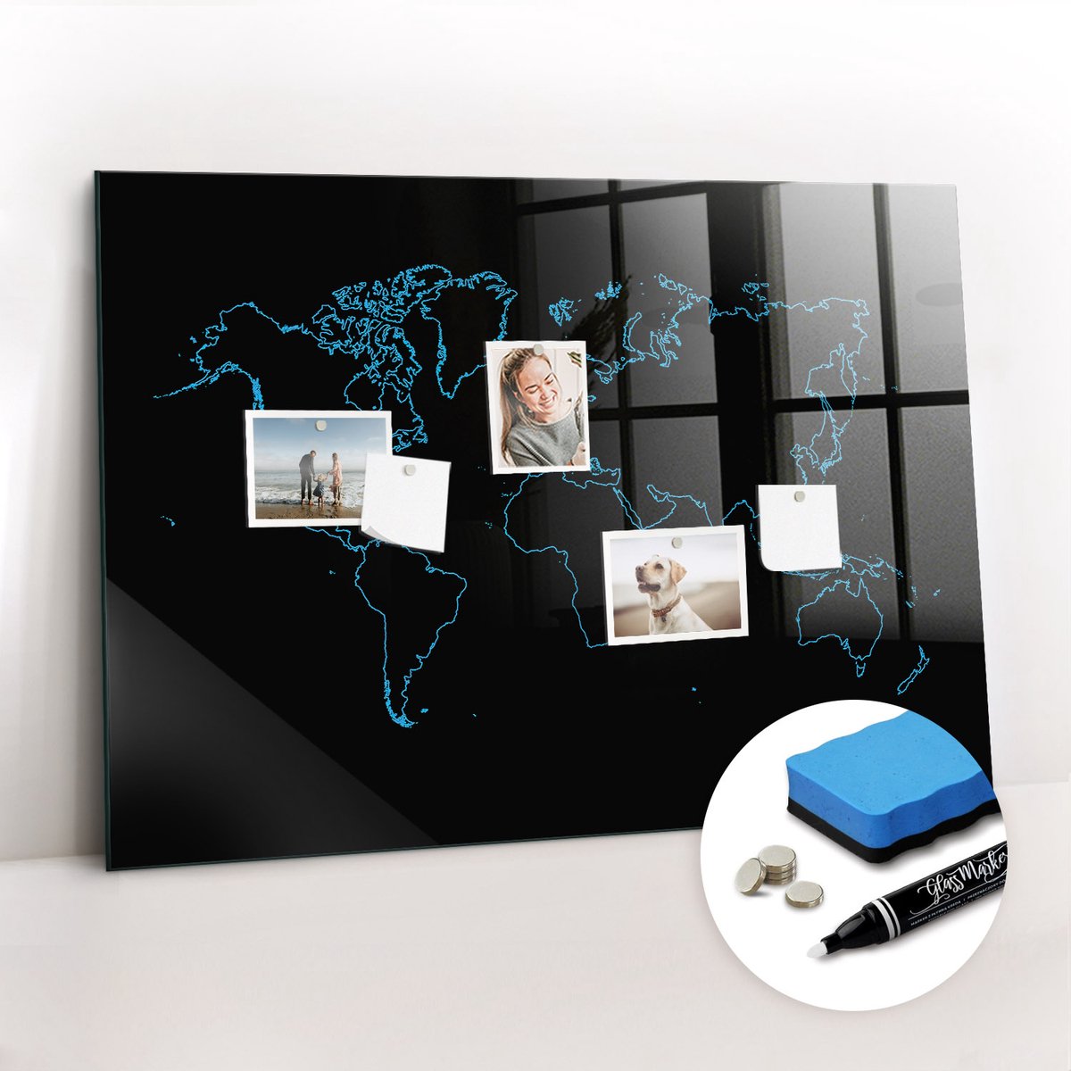 Tulup Whitebord - Contourlijnen van de wereldkaart - 100 x 70 cm - Zwart Magnetic Board - Gratis 5 Sterke Magneten + Whiteboard Marker & Wisser - Design Memobord - Foto Magneetbord - Ideeënbord Thuiswerkplek
