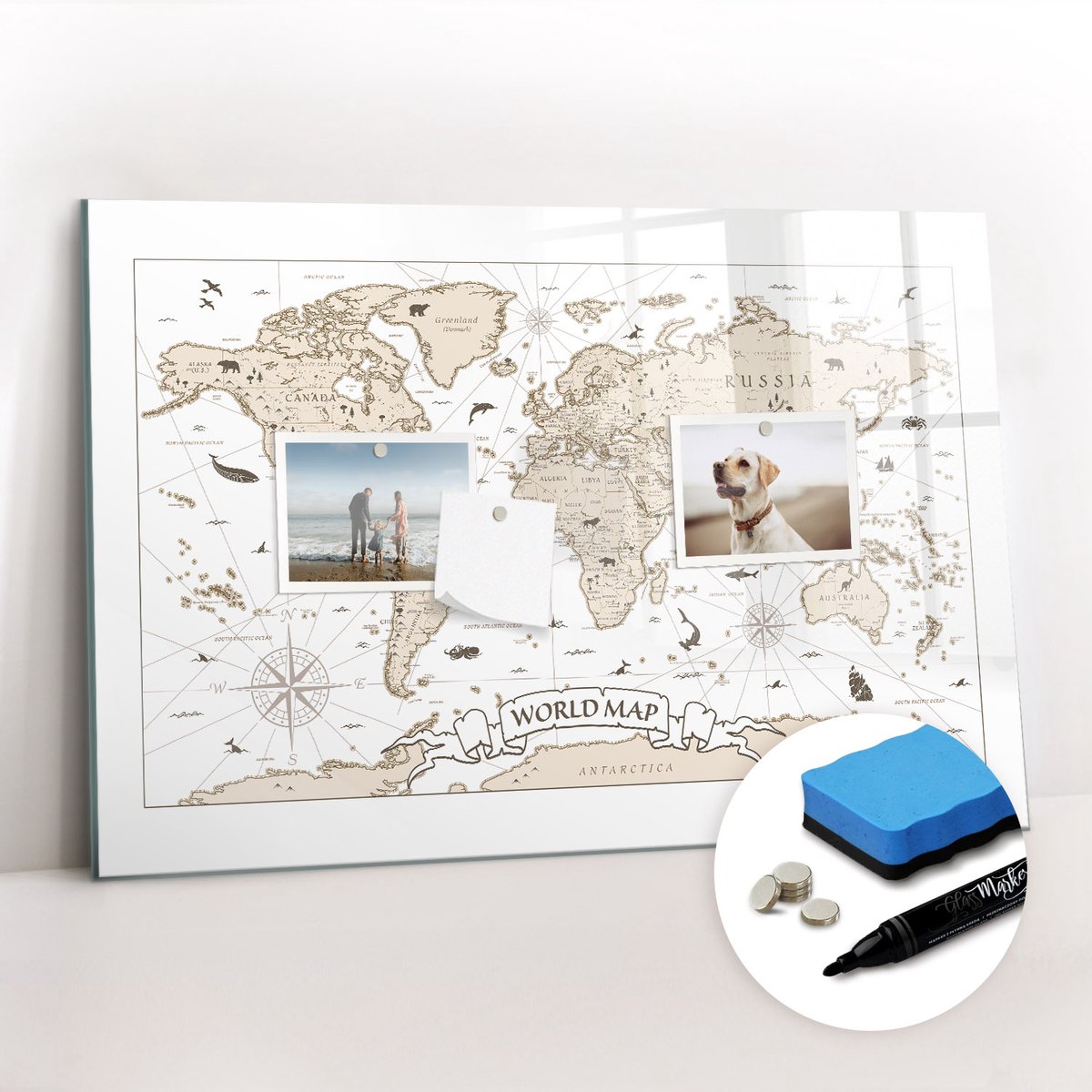 Tulup Whitebord - Vintage wereldkaart - 60 x 40 cm - Wit Memo Magneetbord - Gratis 5 Sterke Magneten + Whiteboard Marker & Wisser - Stylish Memo Board - Magnetisch Bord Kind - Organiseer Je Bureau