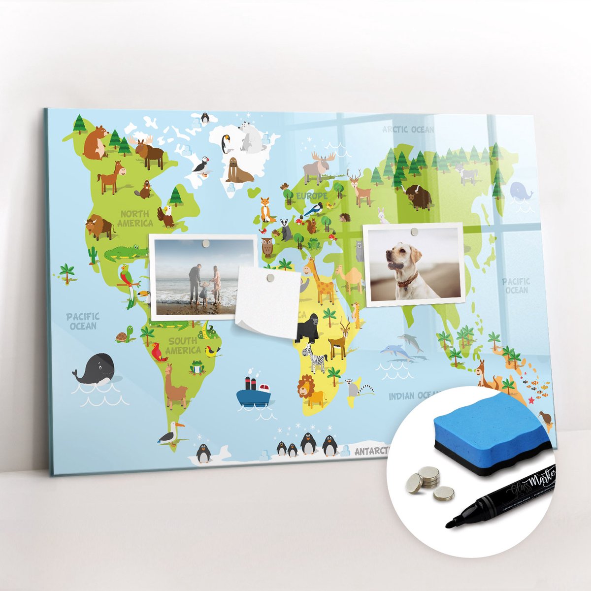 Tulup Whitebord - Wereldkaart voor kinderen - 60 x 40 cm - Veelkleurig Magneetbord Rechthoekig - Gratis 5 Sterke Magneten + Whiteboard Marker & Wisser - Decoratief Magnetisch Bord - Memo Magneetbord - Ideeënbord Thuiswerkplek
