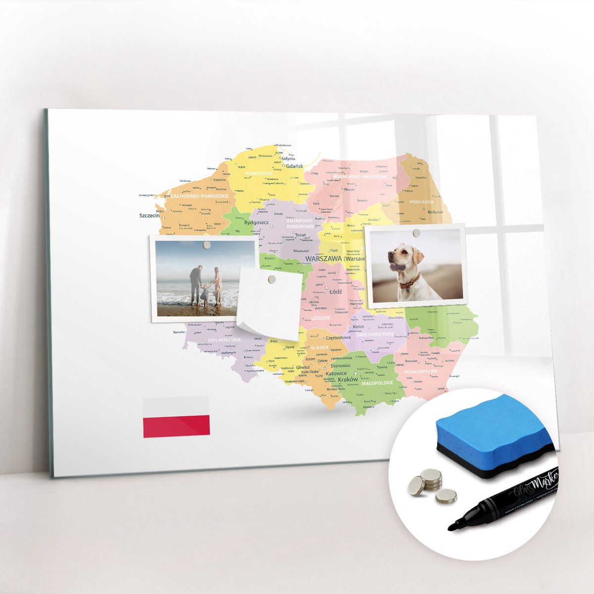 Tulup Whitebord - Kaart van Polen - 60 x 40 cm - Veelkleurig Memobord Keuken - Gratis 5 Sterke Magneten + Whiteboard Marker & Wisser - Wanddecoratie Kantoor - Memobord Keuken - Ideeënbord Thuiswerkplek