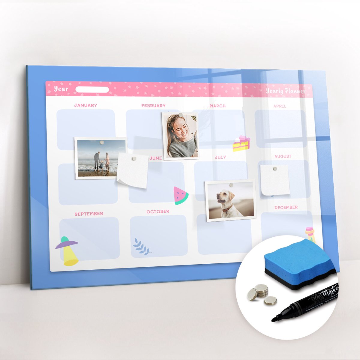 Tulup Whitebord - Maandplanner voor op kantoor - 90 x 60 cm - Blauw Foto Magneetbord - Gratis 5 Sterke Magneten + Whiteboard Marker & Wisser - Minimalistisch Prikbord - Memobord Magnetisch - Planning Muur