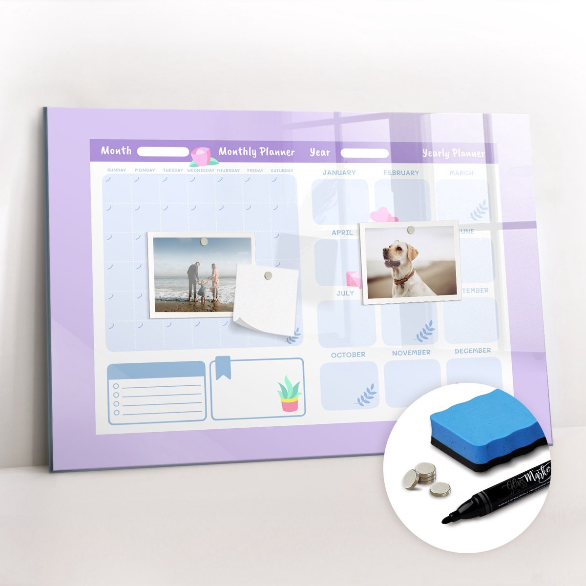 Tulup Whitebord - Roze jaarplanner - 60 x 40 cm - Roze Magnetisch Bord - Gratis 5 Sterke Magneten + Whiteboard Marker & Wisser - Decoratief Magnetisch Bord - Memobord Glas - Productiviteit Tools