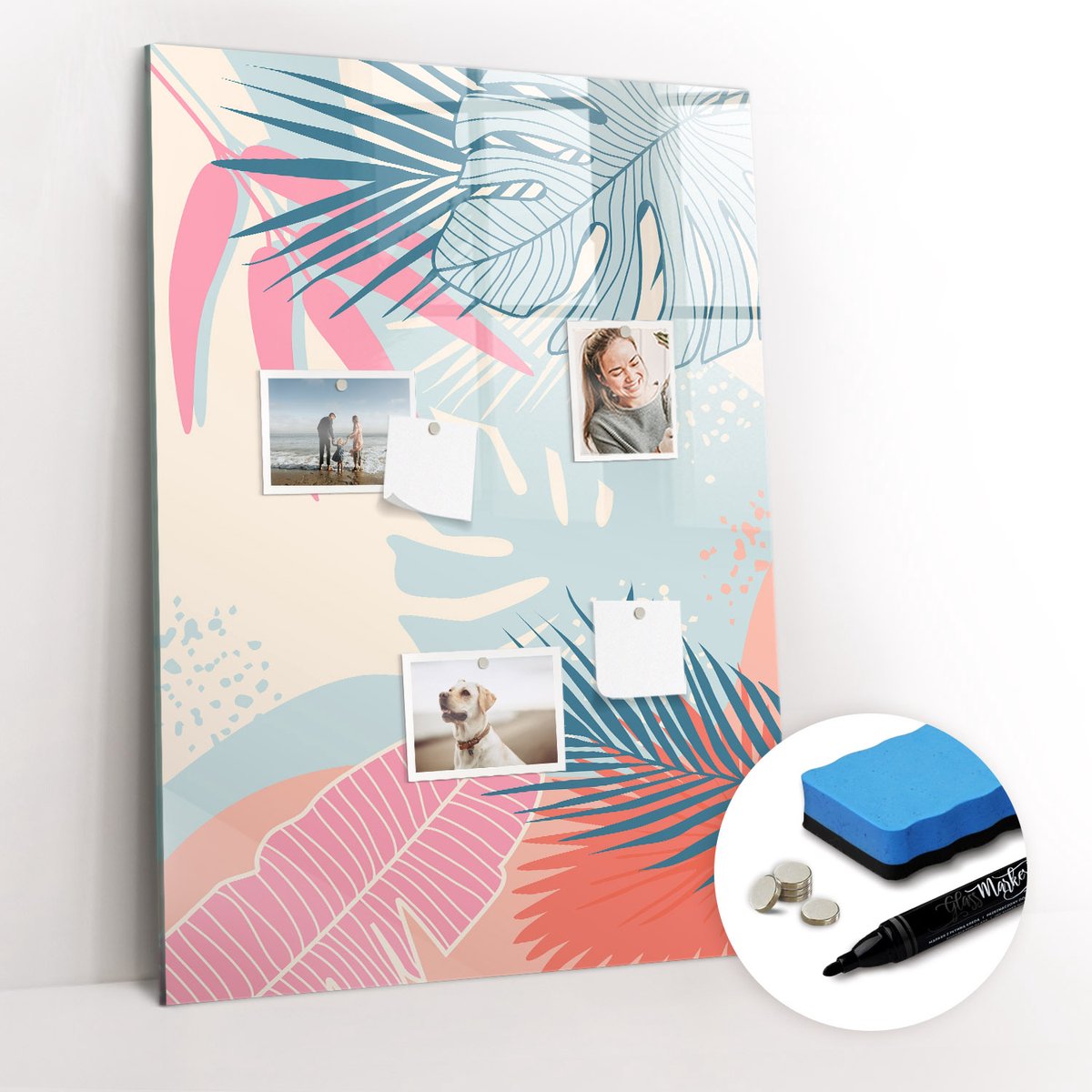 Tulup Whitebord - Pastelkleurige bladeren - 70 x 100 cm - Veelkleurig Memo Magneetbord - Gratis 5 Sterke Magneten + Whiteboard Marker & Wisser - Minimalistisch Prikbord - Memobord Magnetisch - Planning Muur