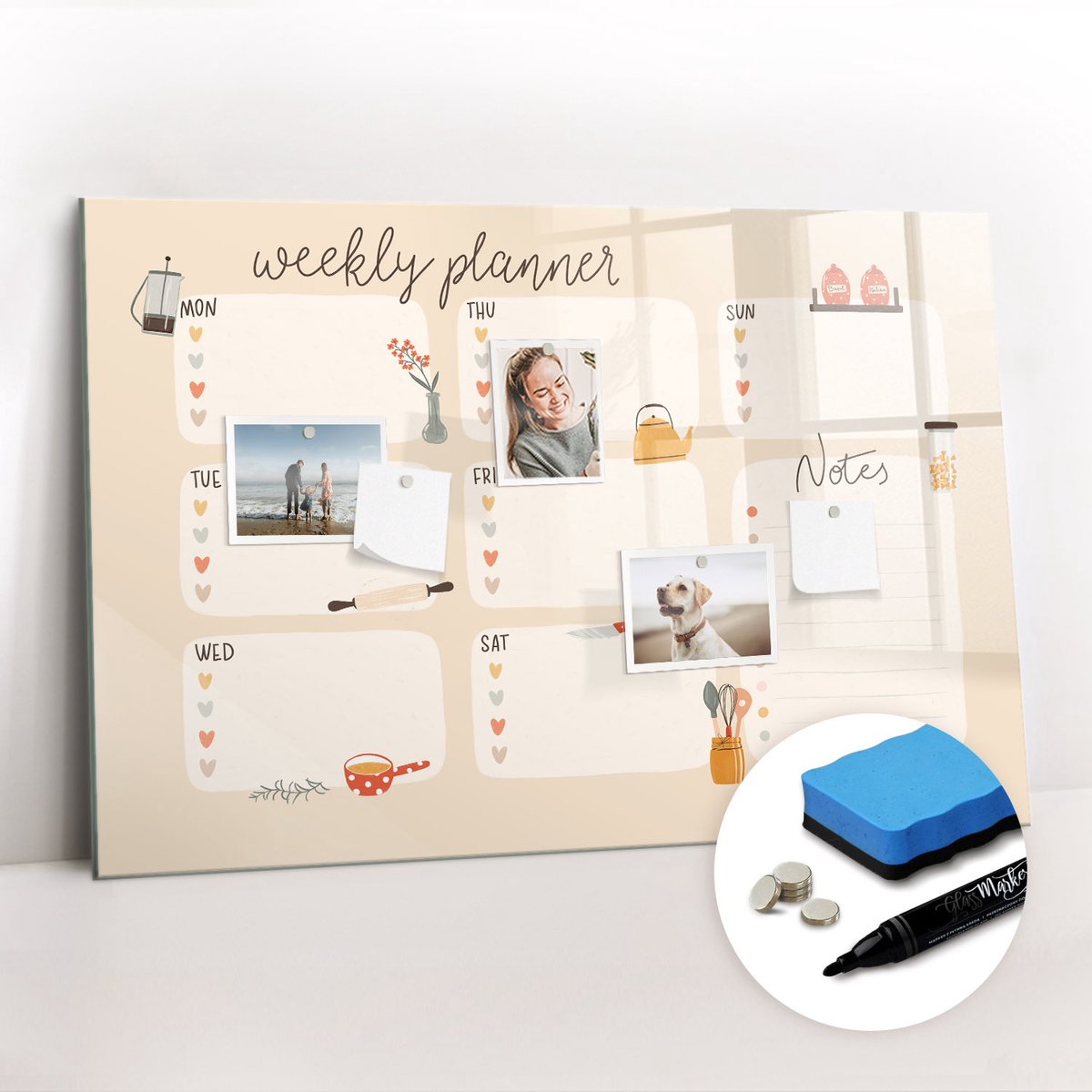 Tulup Whitebord - Klassieke weekplanner - 90 x 60 cm - Geel Magnetisch Bord Kind - Gratis 5 Sterke Magneten + Whiteboard Marker & Wisser - Interieur Accessoires Kantoor - Magneetbord Design - Planning Muur
