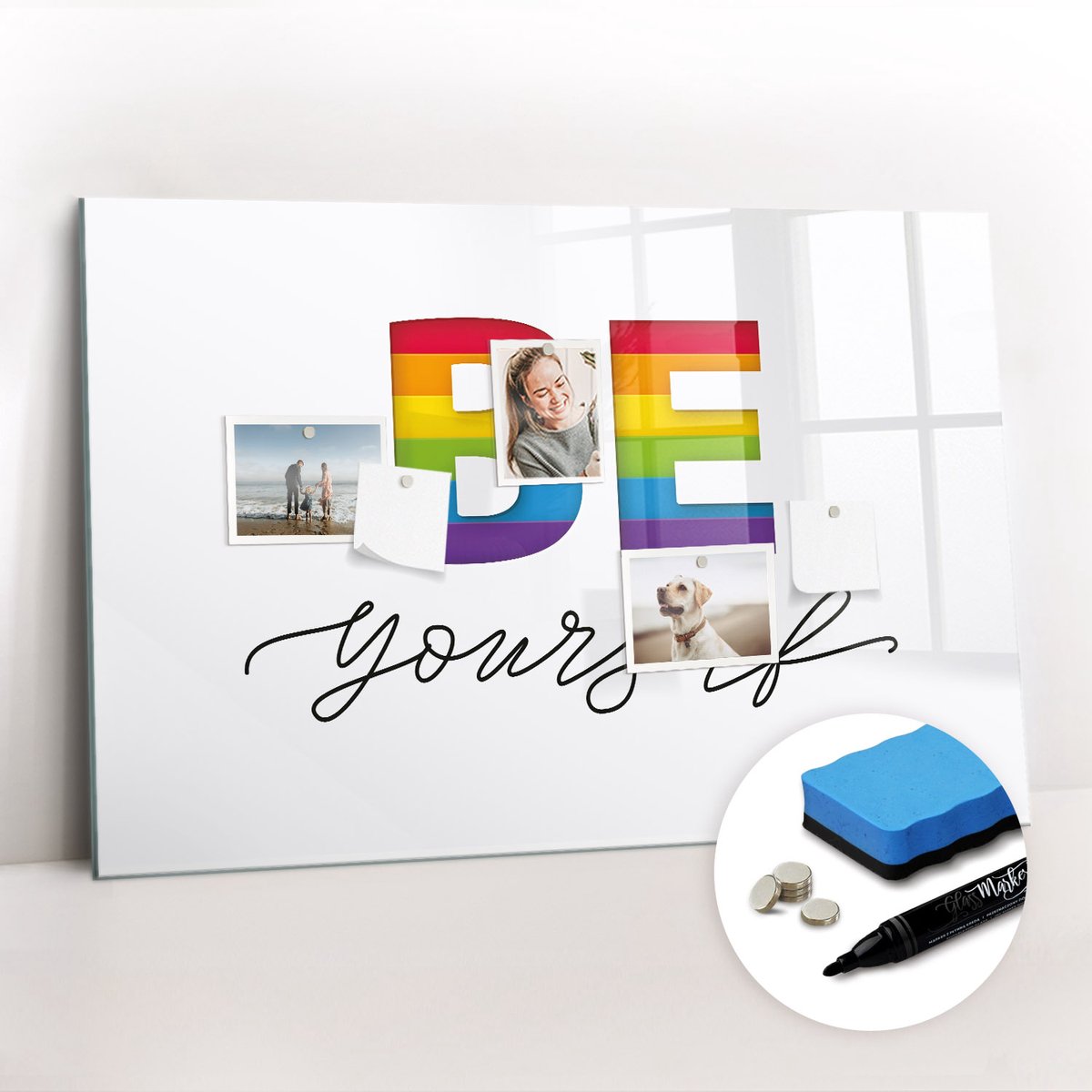 Tulup Whitebord - Het opschrift luidt: wees elke dag jezelf. - 90 x 60 cm - Veelkleurig Magnetisch Bord - Gratis 5 Sterke Magneten + Whiteboard Marker & Wisser - Stylish Memo Board - Magnetisch Memobord - Notitiebord Werkplek