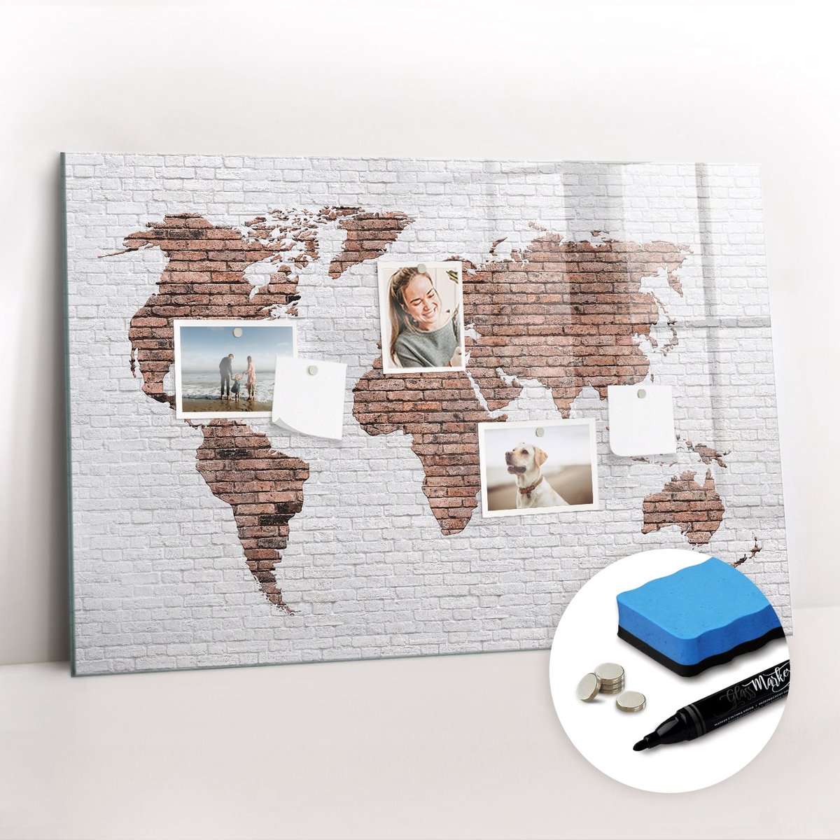 Tulup Whitebord - Wereldkaart van bakstenen met stucwerk - 90 x 60 cm - Veelkleurig Magnetisch Bord - Gratis 5 Sterke Magneten + Whiteboard Marker & Wisser - Design Memobord - Memobord Magnetisch - Productiviteit Tools