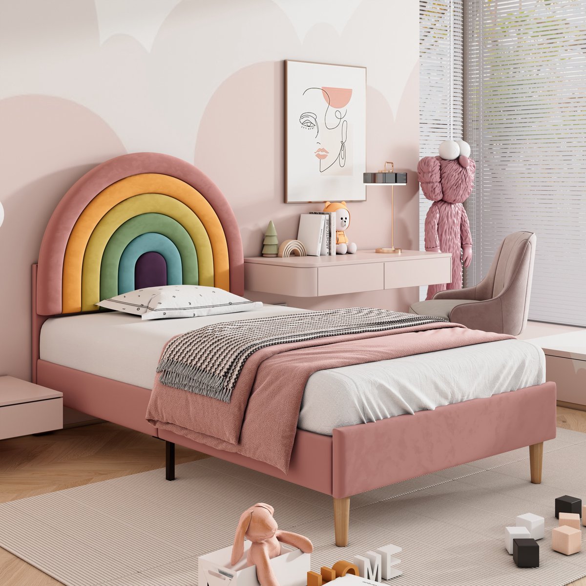 Tienerbed 90x200 cm - Gestoffeerd Velvet Bed Met Hoogte Verstelbaar Hoofdbord, Houten Lattenbodem, Comfortabel Eenpersoonsbed Voor Jongeren En Volwassenen, Roze