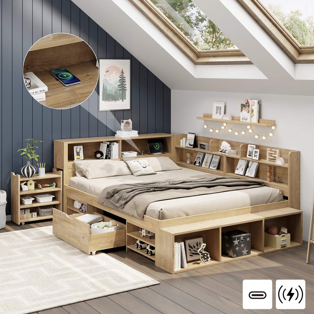 Kinderbed 140x200 cm - Multifunctioneel Opbergbed Met Laden, Kast, Boekenkast, Nachtkastje En Draadloze Oplader Naturel