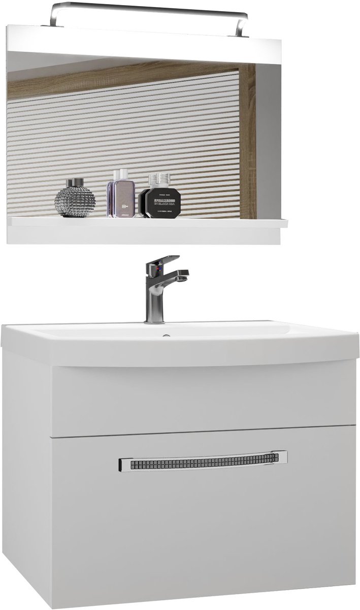 BELINI Badkamermeubel Set GLA M 1 - Badmeubelset 60 cm Wit, Mat met Wastafel, Spiegel en LED Lamp - Wandmontage