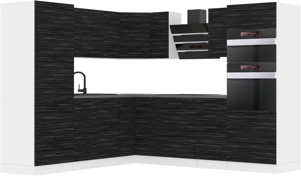 BELINI L-Vorm Keukenblok STACY - Keukenmeubel Set 420 cm Koninklijk Ebbenhout met Werkbladen - Boven- en Onderkasten