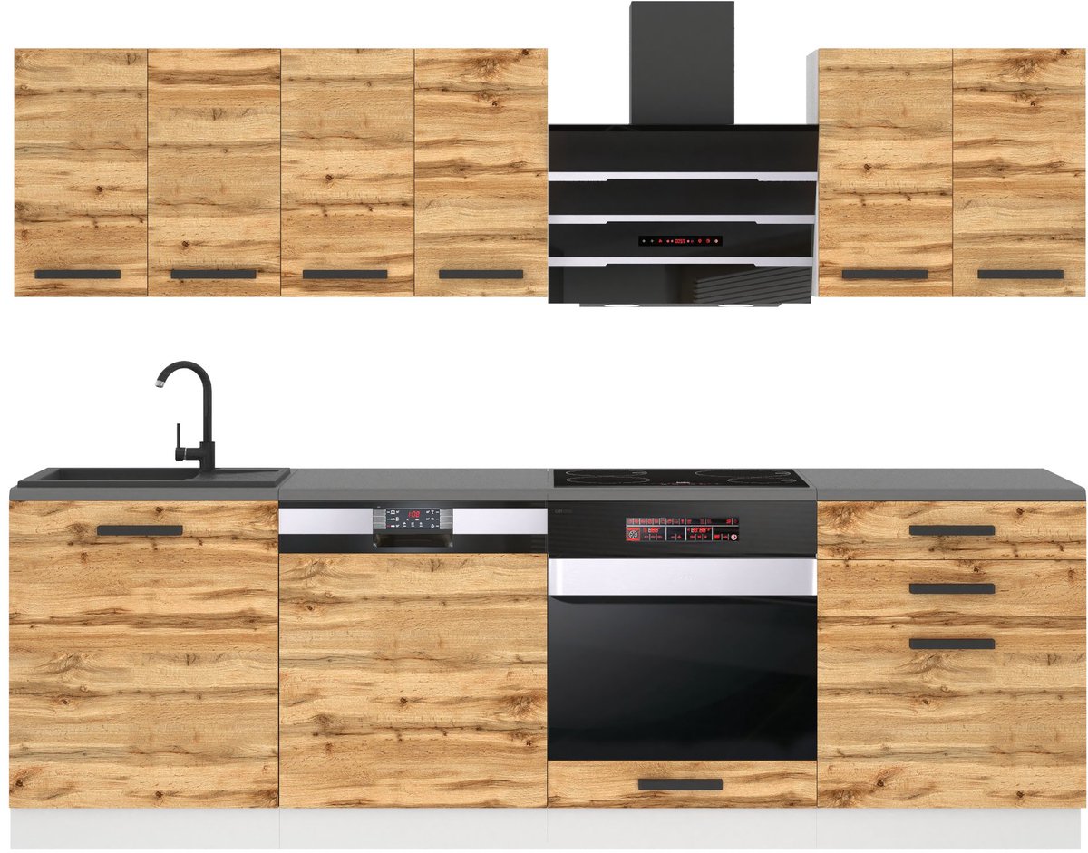 BELINI Keukenblok SUSAN - Keukenmeubel Set 240 cm Wotan Eiken zonder Werkbladen - Boven- en Onderkasten