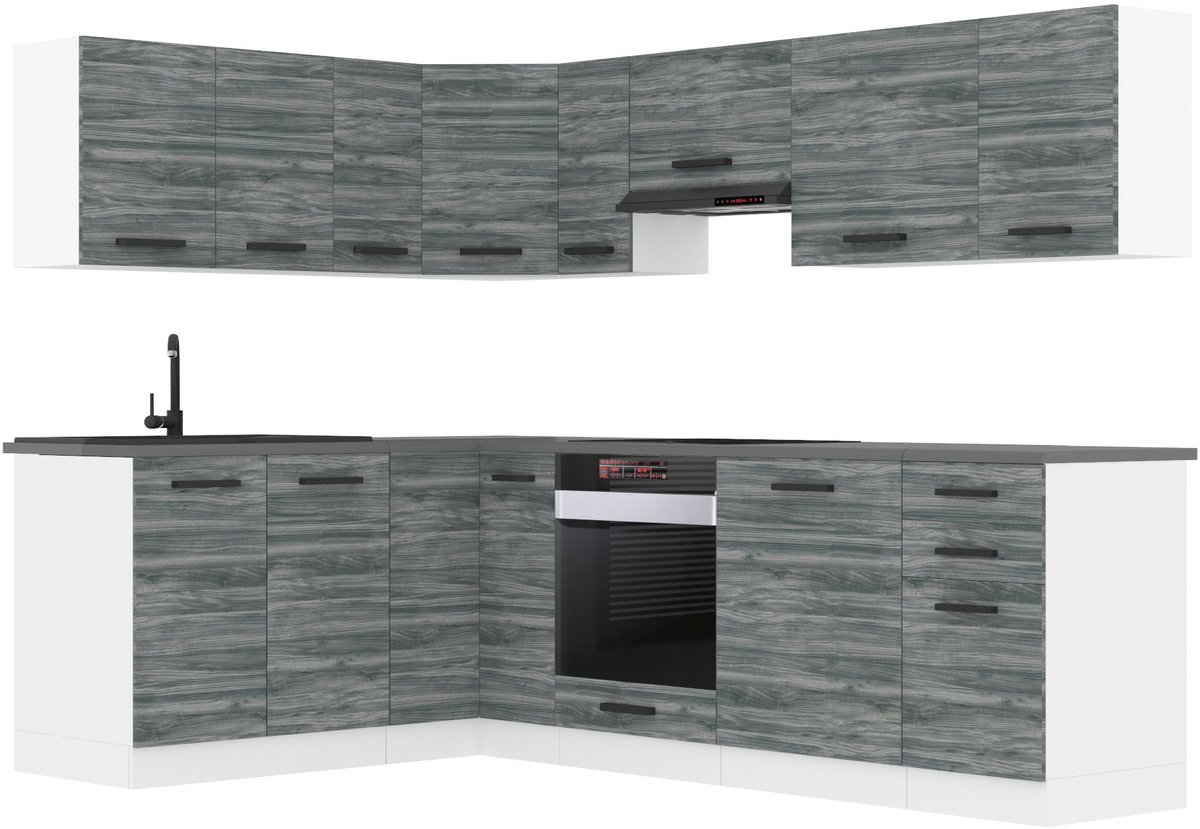 BELINI L-Vorm Keukenblok JANET - Keukenmeubel Set 360 cm Glamour Wood met Werkbladen - Boven- en Onderkasten