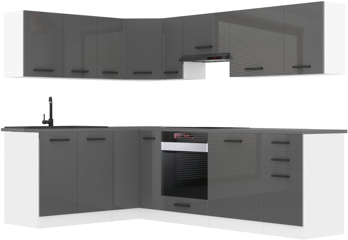 BELINI L-Vorm Keukenblok JANET - Keukenmeubel Set 360 cm Zilver Hoogglans met Werkbladen - Boven- en Onderkasten